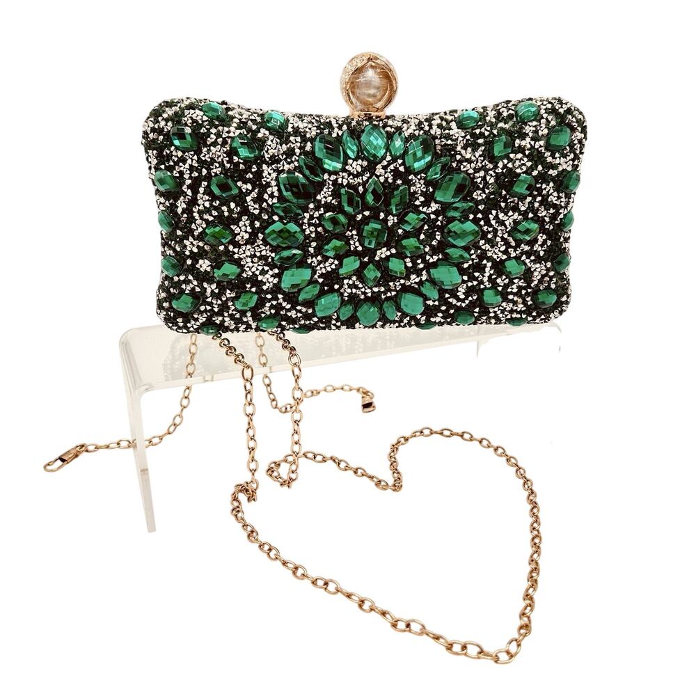 Emerald Green Rhinestone Evening Clutch Purse Gold Chain Formal Wedding Prom